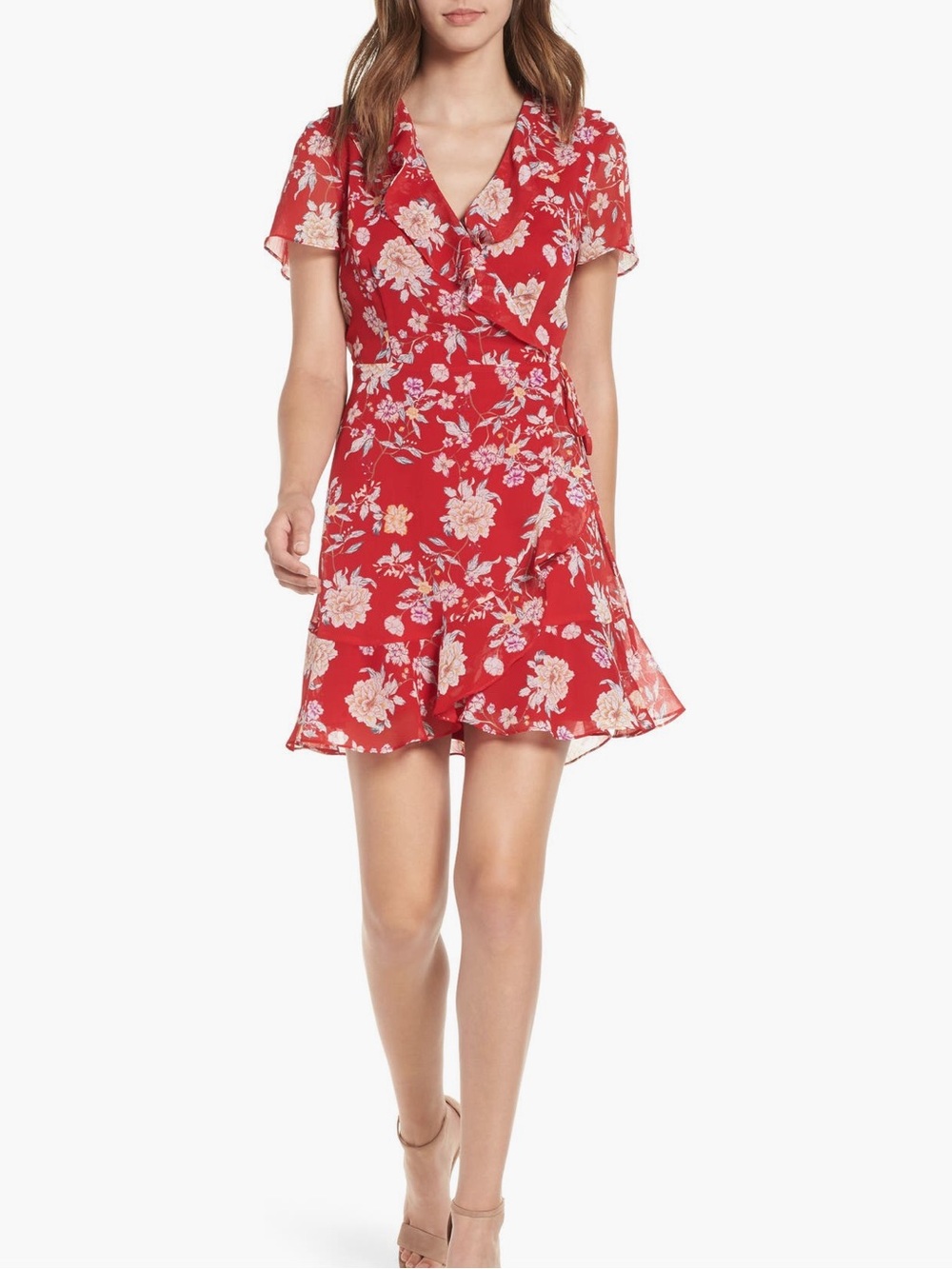 Red Floral Mini Wrap Dress